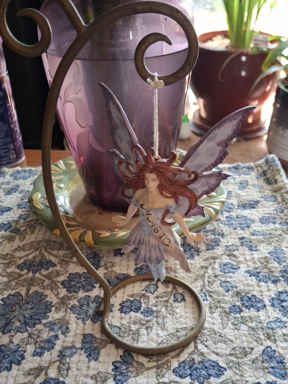 Purple Fairy Ornament with Flowing Red-Brown Hair